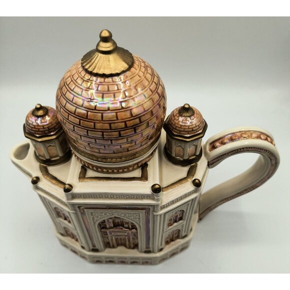 Vintage Fitz and Floyd Taj Mahal Ceramic Teapot With Golden Lid and Handles - Picture 3 of 7